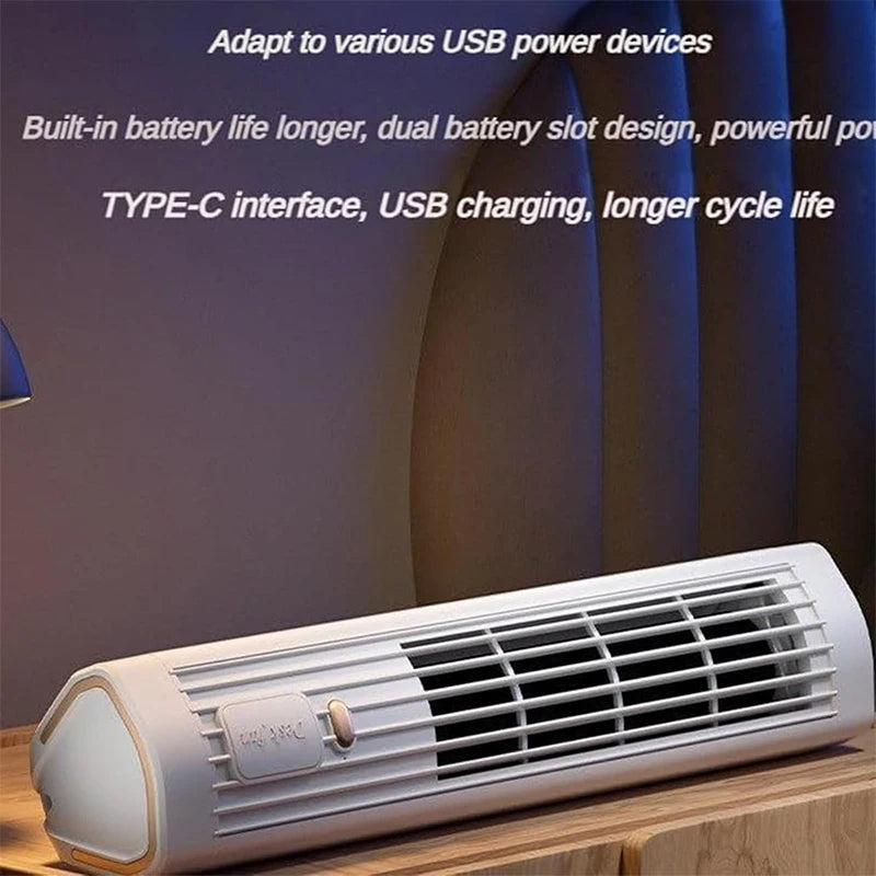 Belro USB rechargeable portable air conditioner tower fan with sleek design and adjustable height for cooling comfort.