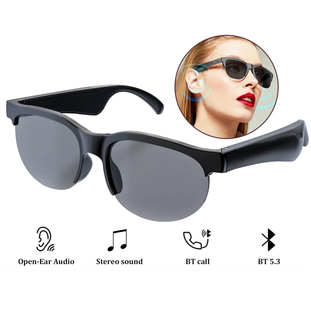 Belro smart Bluetooth translation glasses with built-in earphones, showcasing sleek electronic design for language translation.