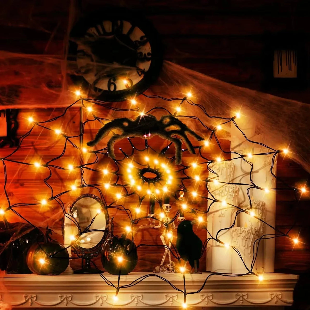 Belro Halloween spider web decoration with integrated lights for outdoor home and garden spooky decor.