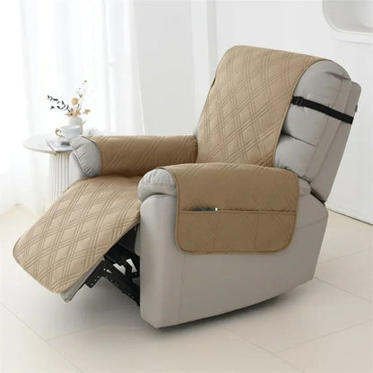 Belro waterproof quilted recliner arm chair slip cover on a sofa, showing its padded quilted design and snug fit for protection.