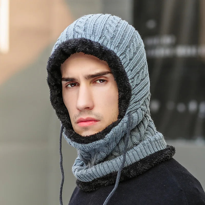 Belro winter knit hat balaclava with attached scarf, warm and cozy winter clothing for cold weather.