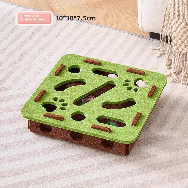 Belro felt interactive cat puzzle toy box with multiple compartments and colorful fabric for engaging feline play.