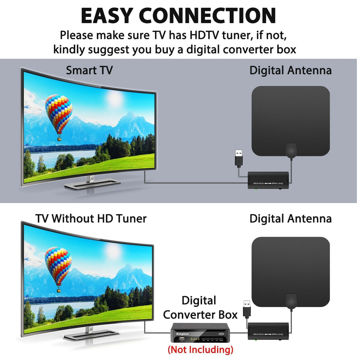 Belro 300 Miles indoor digital HDTV antenna with signal booster, showcasing a sleek black antenna with adjustable stand and signal indicator