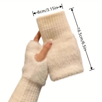 Belro plush cozy fingerless gloves for women in soft fabric, perfect for keeping hands warm while allowing finger movement.
