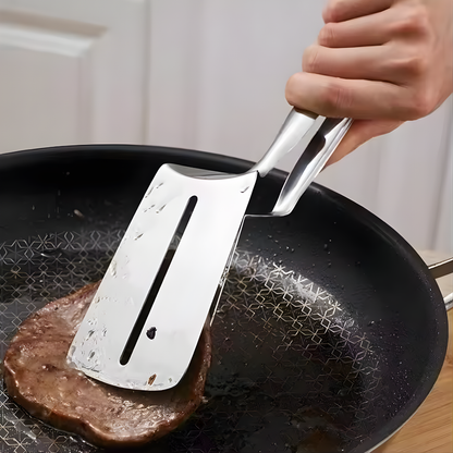 Mivoza stainless steel spatula tongs, 2-in-1 kitchen cooking tool for flipping and gripping, with a sleek stainless steel finish.