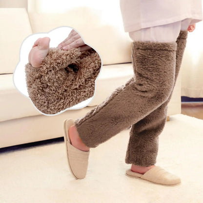 Belro fuzzy thigh-high warm socks in cozy knit fabric, worn over the legs for added warmth and comfort.