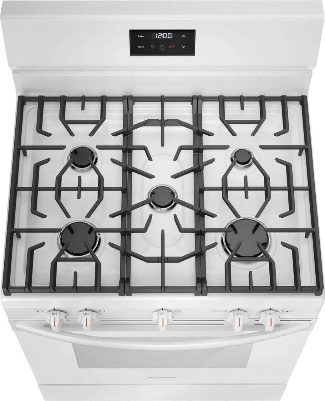 Casavibeo Frigidaire 30-inch gas range with four burners and oven, stainless steel finish, and control knobs on the front.