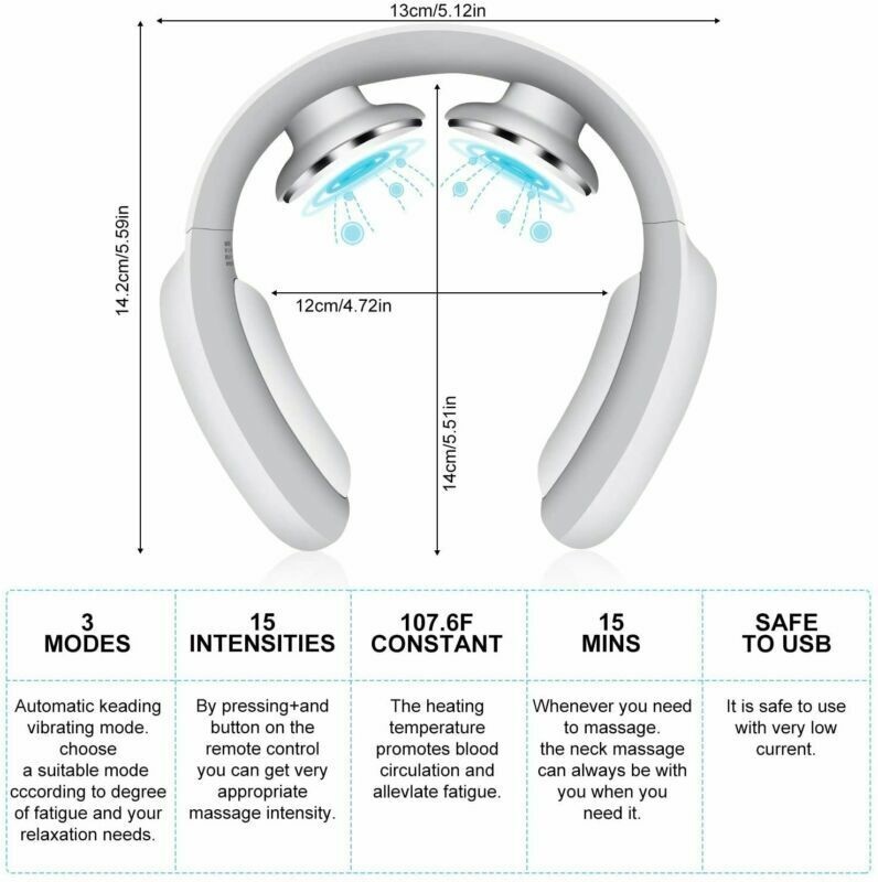 Belro Pulse & Heat Intelligent Neck Massager showing a user wearing the device around the neck with control buttons visible.