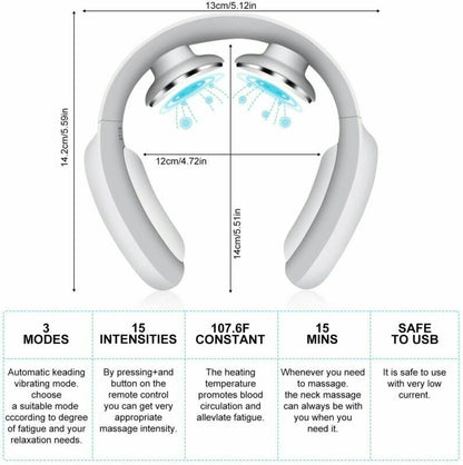 Belro Pulse & Heat Intelligent Neck Massager showing a user wearing the device around the neck with control buttons visible.