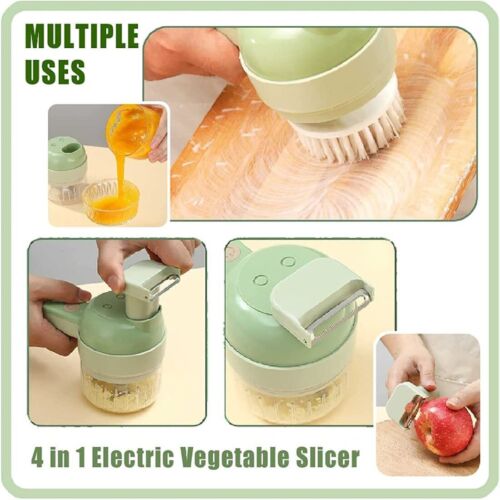Belro 4-in-1 electric food cutter with multiple blades for slicing, dicing, and chopping in a compact kitchen appliance.