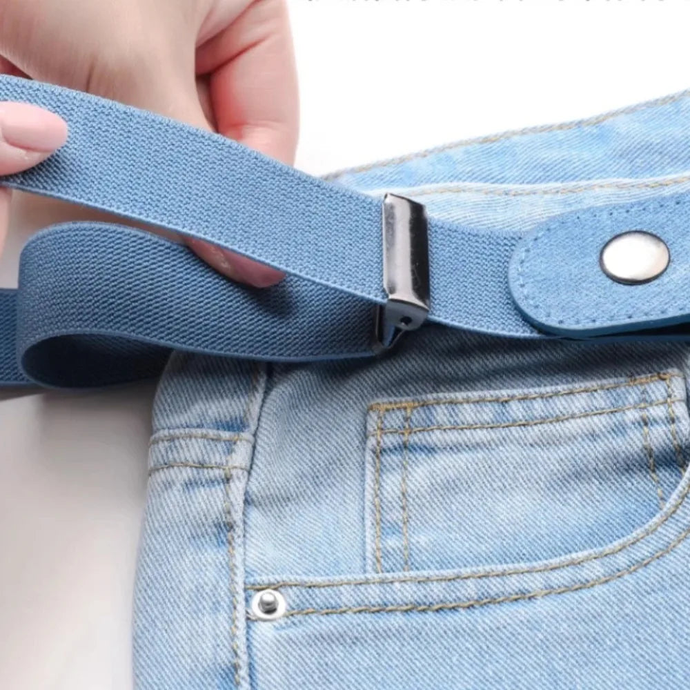 Belro adjustable elastic no-buckle belt for underwear and lingerie, flexible and invisible fit, shown in black fabric.
