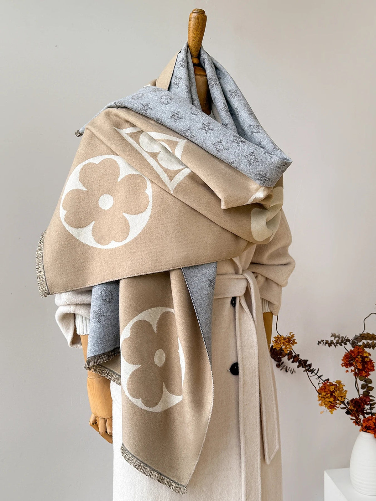 Belro luxury faux cashmere winter scarf and neck warmer in soft, cozy beige fabric, stylish accessory for cold weather.