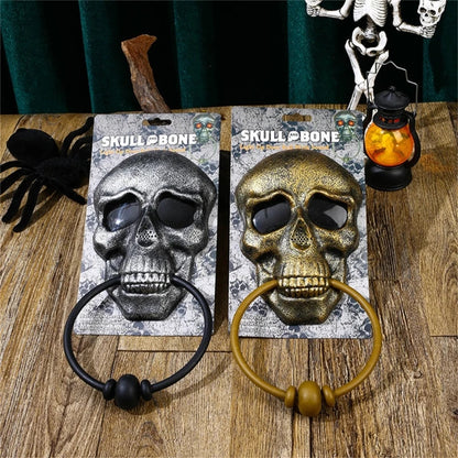 Belro skeleton head door knocker Halloween decoration made of metal, featuring a detailed skull design for spooky home decor.