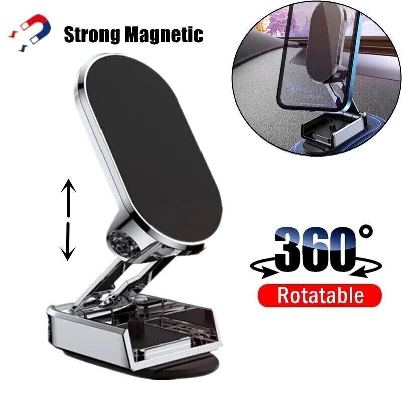 Belro folding magnetic car phone holder mounted on a dashboard, holding a smartphone securely during driving.
