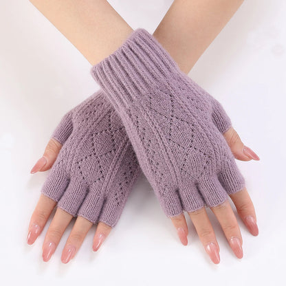 Belro soft knit fingerless gloves for winter, close-up view showing cozy, warm fabric and stylish design.