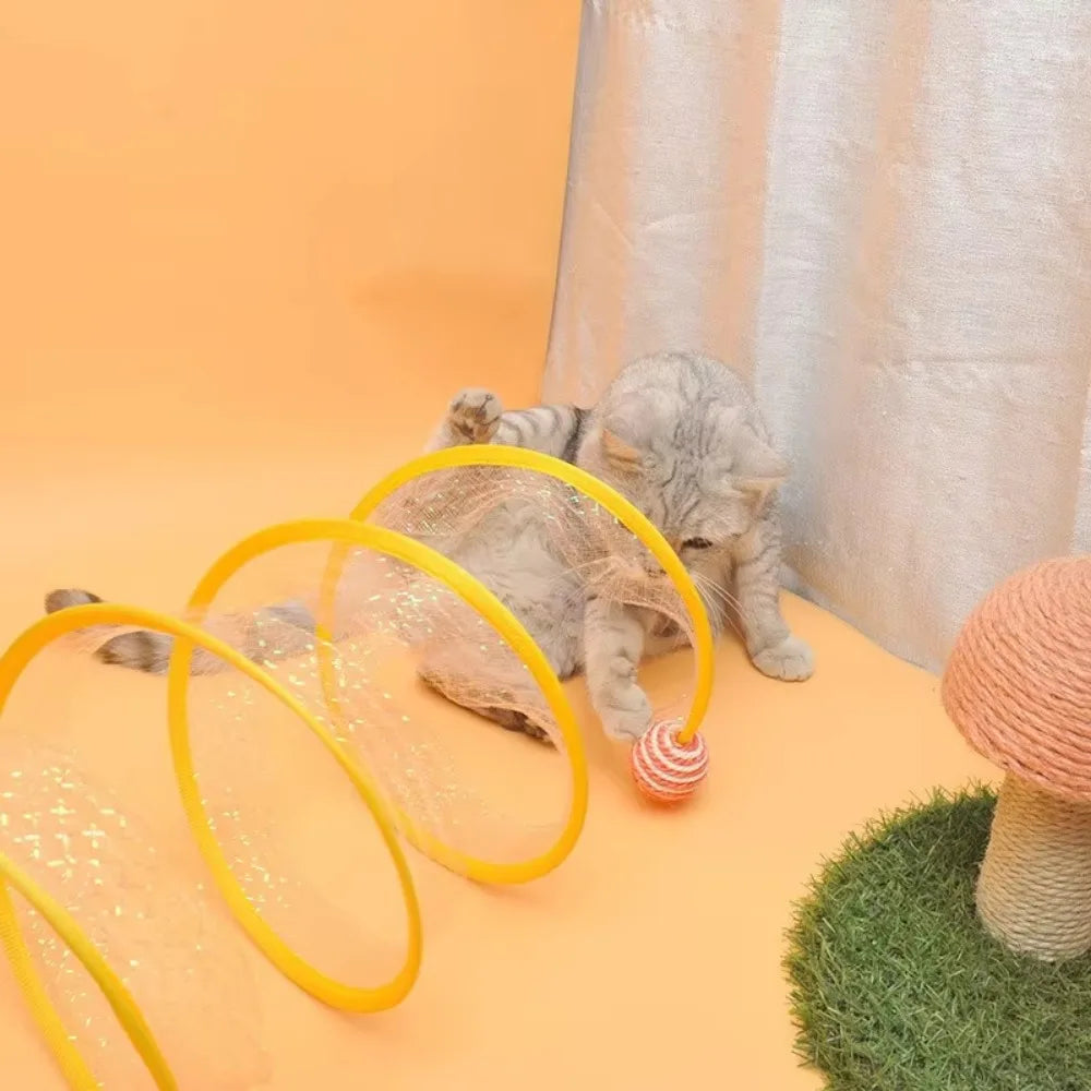 Belro collapsible S-shaped interactive cat tunnel for playful cats, made of durable fabric with multiple entry points and fun design