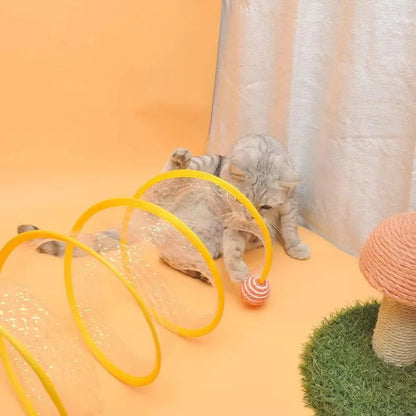 Belro collapsible S-shaped interactive cat tunnel for playful cats, made of durable fabric with multiple entry points and fun design