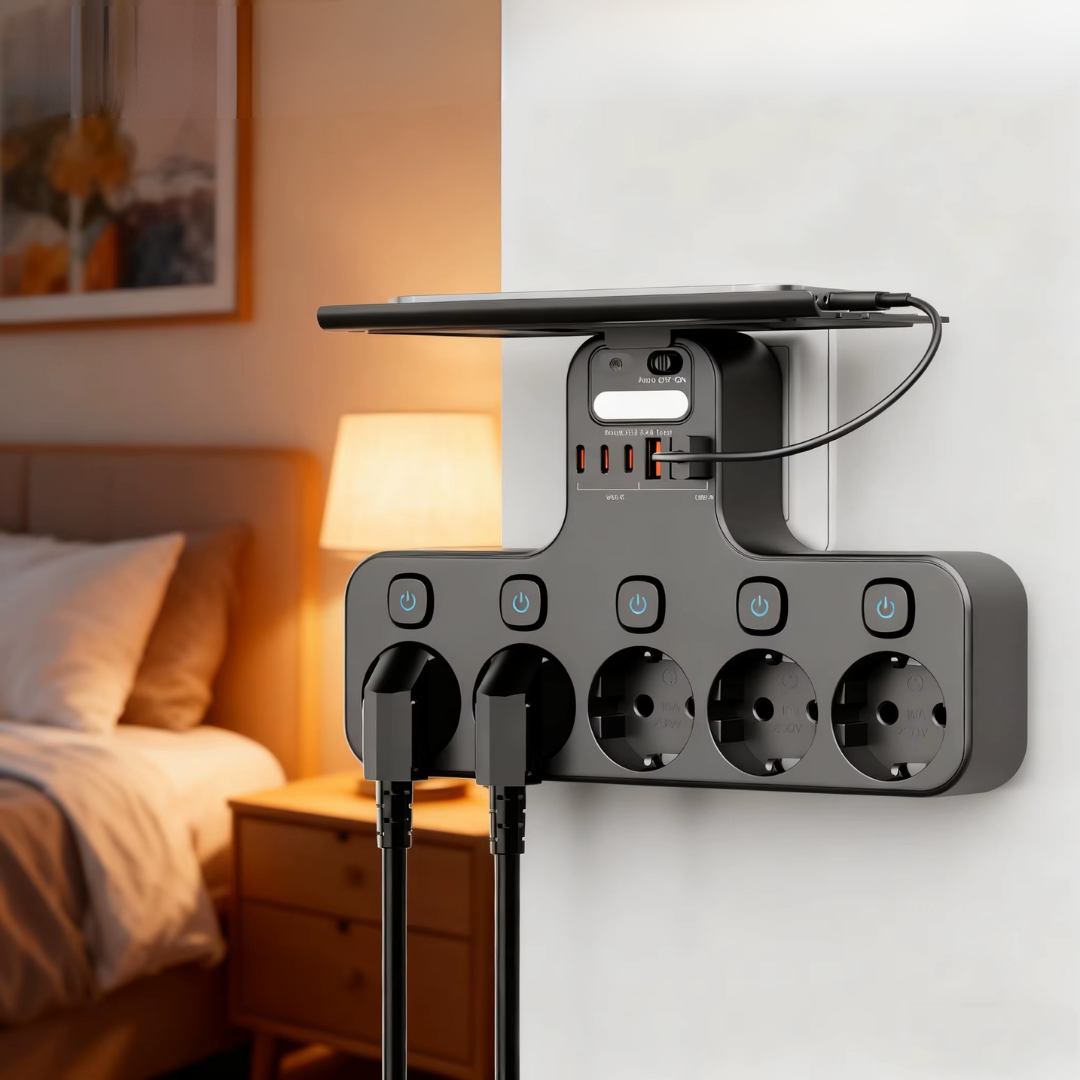 Mivoza wall power strip with 5 sockets, USB ports, night light, and phone shelf mounted on wall, black plastic design.