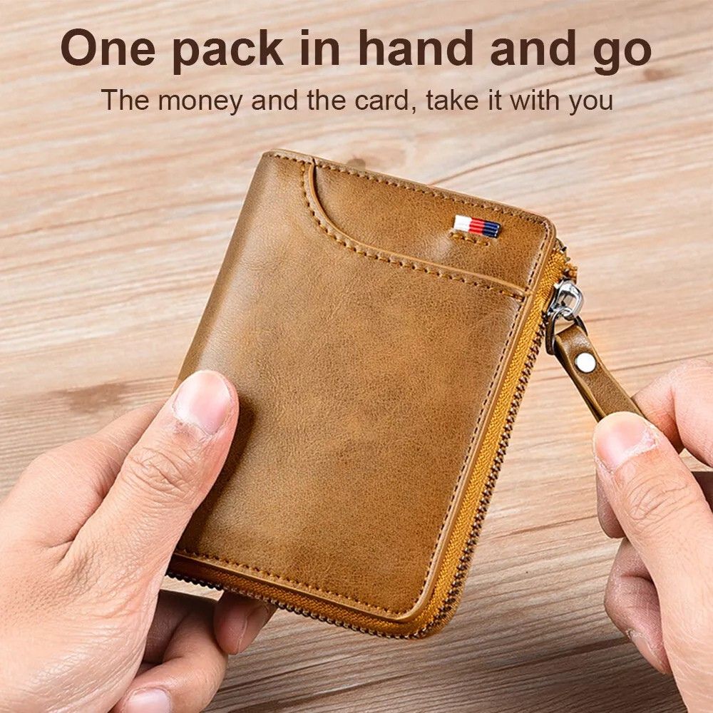 Belro men's RFID blocking wallet with zipper, multi-credit card holder, in khaki, brown, and black leather accessories.