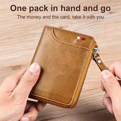 Belro men's RFID blocking wallet with zipper, multi-credit card holder, in khaki, brown, and black leather accessories.