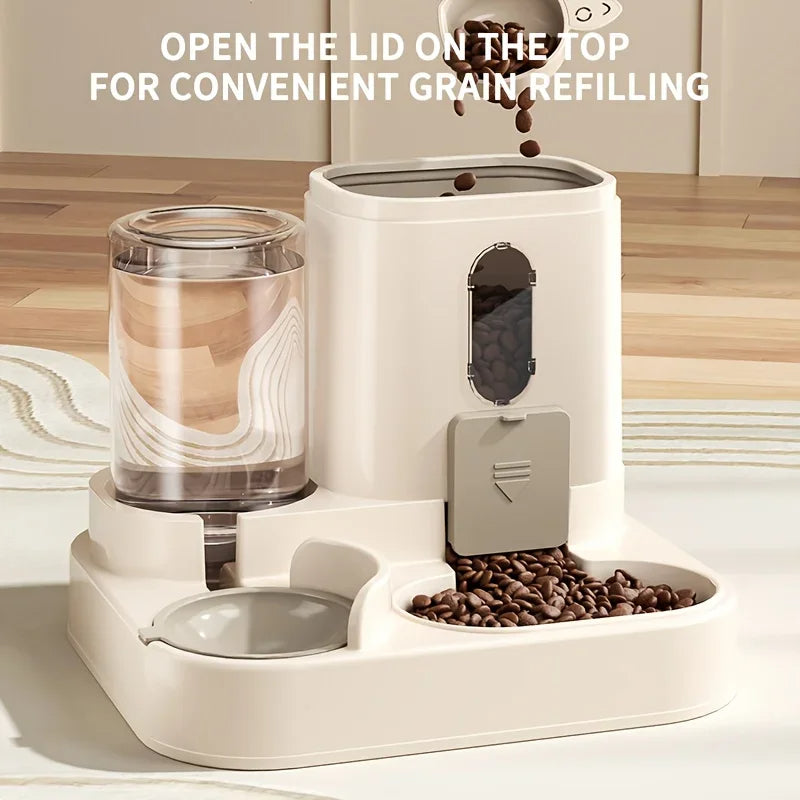 Belro 2-in-1 dog and cat feeder with water dispenser, featuring a plastic tray and water bottle for pet feeding and hydration.