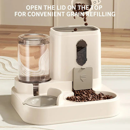 Belro 2-in-1 dog and cat feeder with water dispenser, featuring a plastic tray and water bottle for pet feeding and hydration.