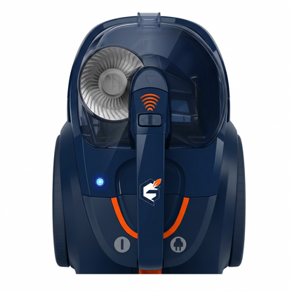 Red and black GETDECO PowerClean X1 bagless vacuum cleaner with a sleek design and adjustable handle, viewed from the back.