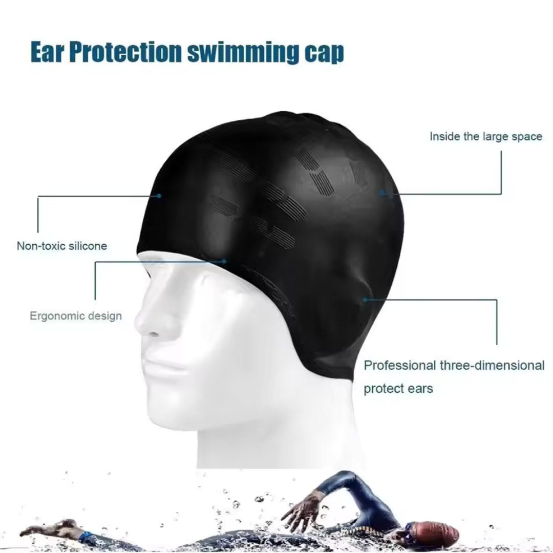 BowLift silicone swim cap with ear protection, waterproof design, and snug fit, ideal for swimming and water activities.