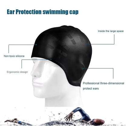 BowLift silicone swim cap with ear protection, waterproof design, and snug fit, ideal for swimming and water activities.