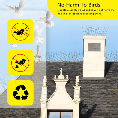 Belro outdoor stainless bird repeller spikes installed on a ledge, designed to prevent bird roosting and enhance garden decor.