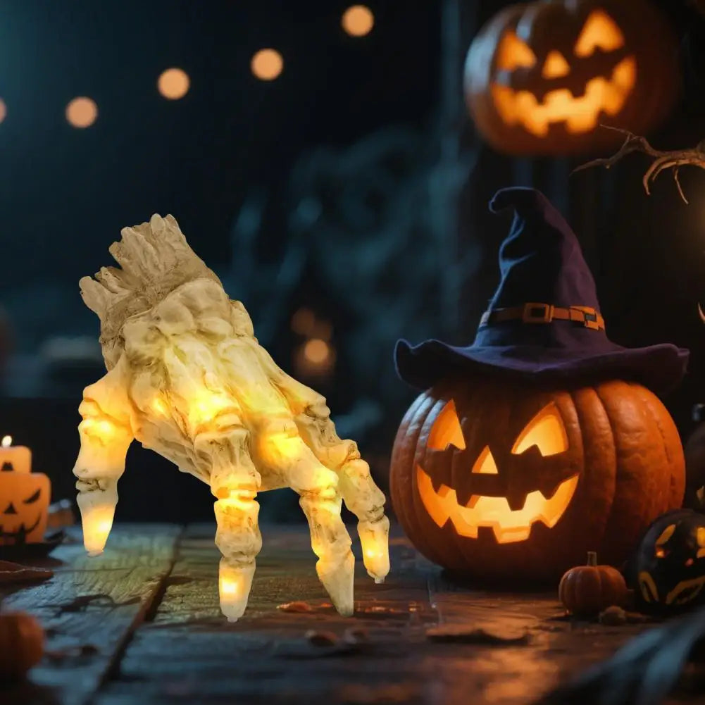 Belro men's crawling skeleton hand costume with lights and sound, featuring detailed skeletal design and eerie lighting effects.