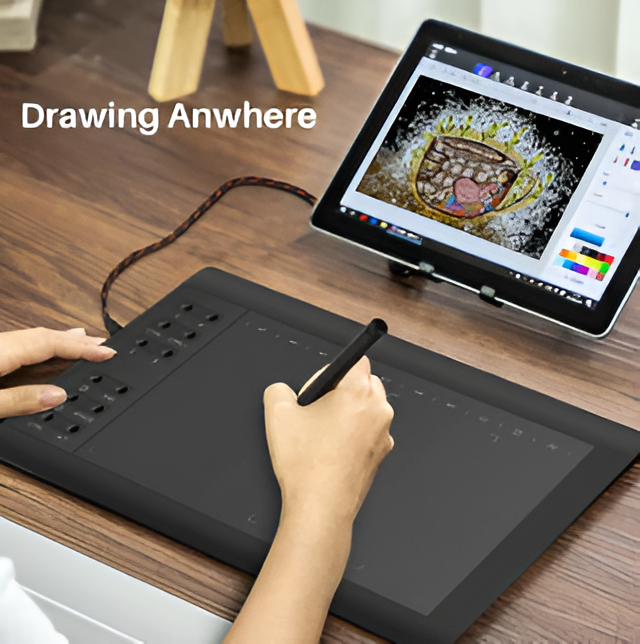 Belro graphic tablet drawing pad with digital pen, electronic device for digital art and graphic design, shown with stylus and drawing surface.