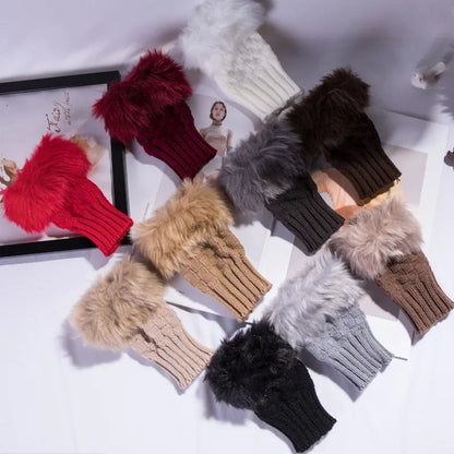 Belro faux fur fingerless winter gloves with hand warmer, soft and warm clothing accessory for cold weather, shown on a model's hands