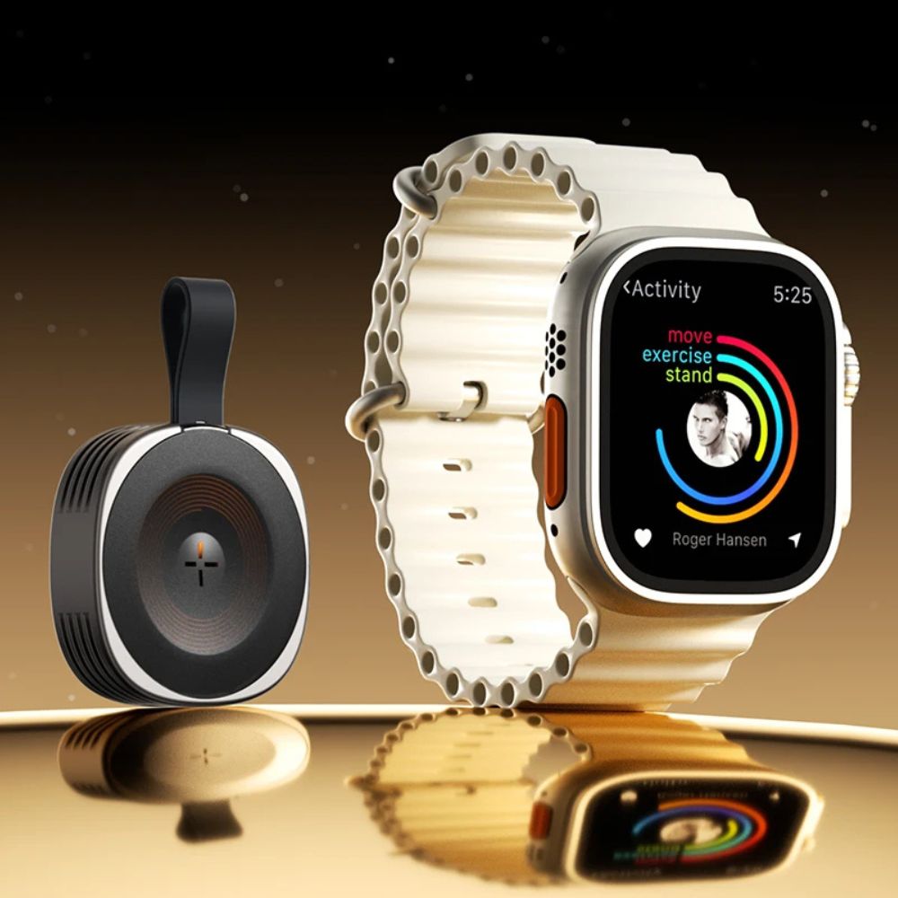 Belro portable wireless smart watch fast charger connected to a smartwatch, compact electronic device for quick charging.
