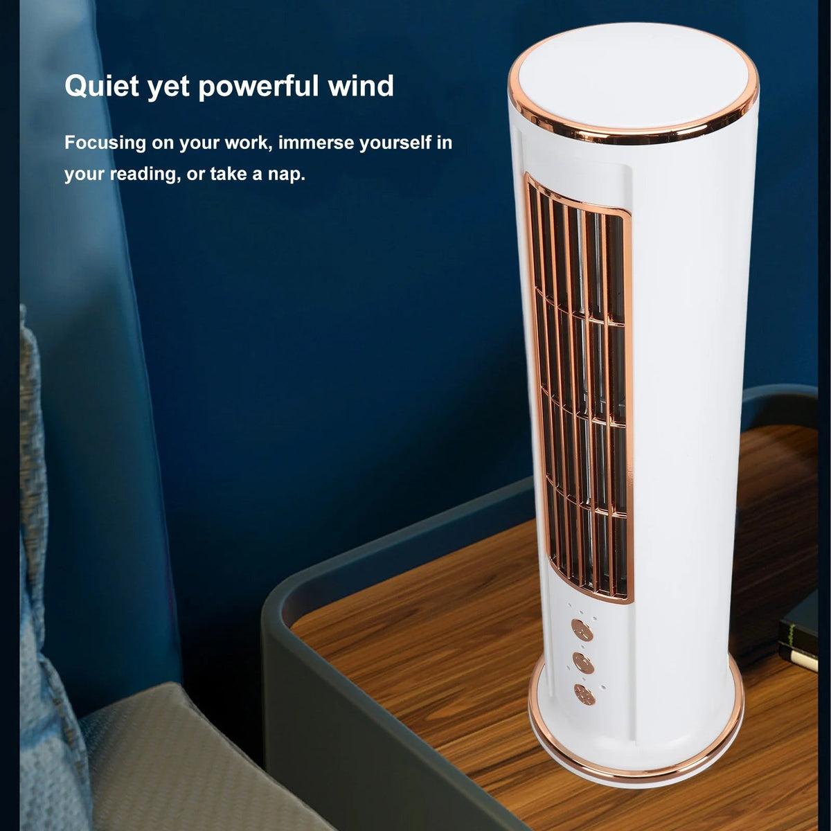 Belro bladeless desktop air conditioner fan with remote, showing sleek design, control panel, and compact size for home or office use.
