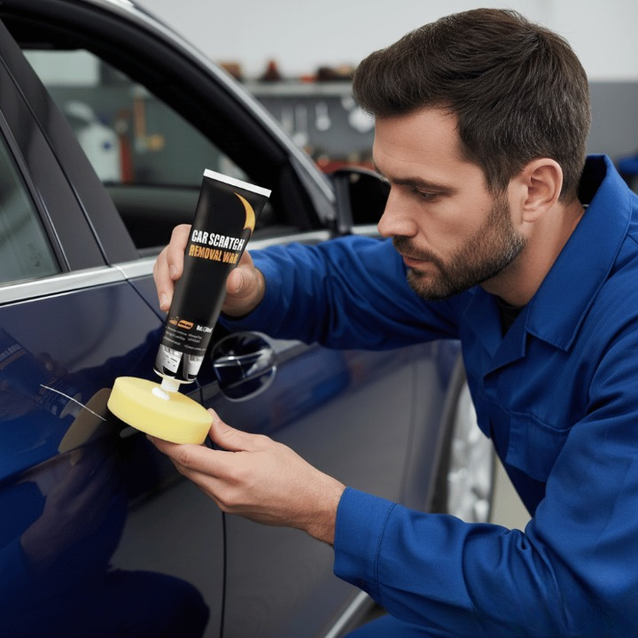 Mivoza car scratch remover paste applied on car surface, removing scratches easily without workshop tools.