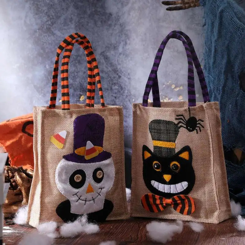 Belro men's Halloween treat bag featuring pumpkin, cat, witch, and skull designs, suitable for festive costume accessories.