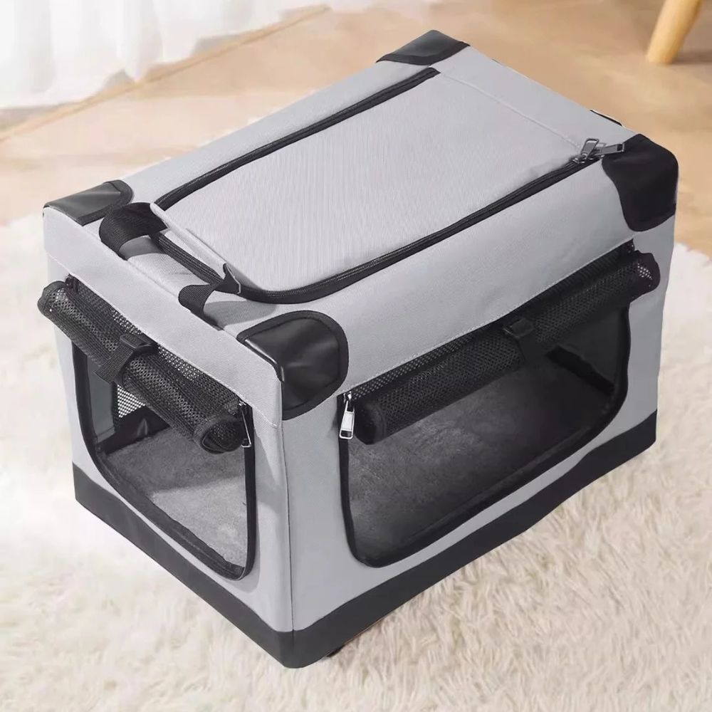 Belro portable folding small dog crate designed for automotive use, featuring a compact, lightweight metal frame with a door and ventilation.