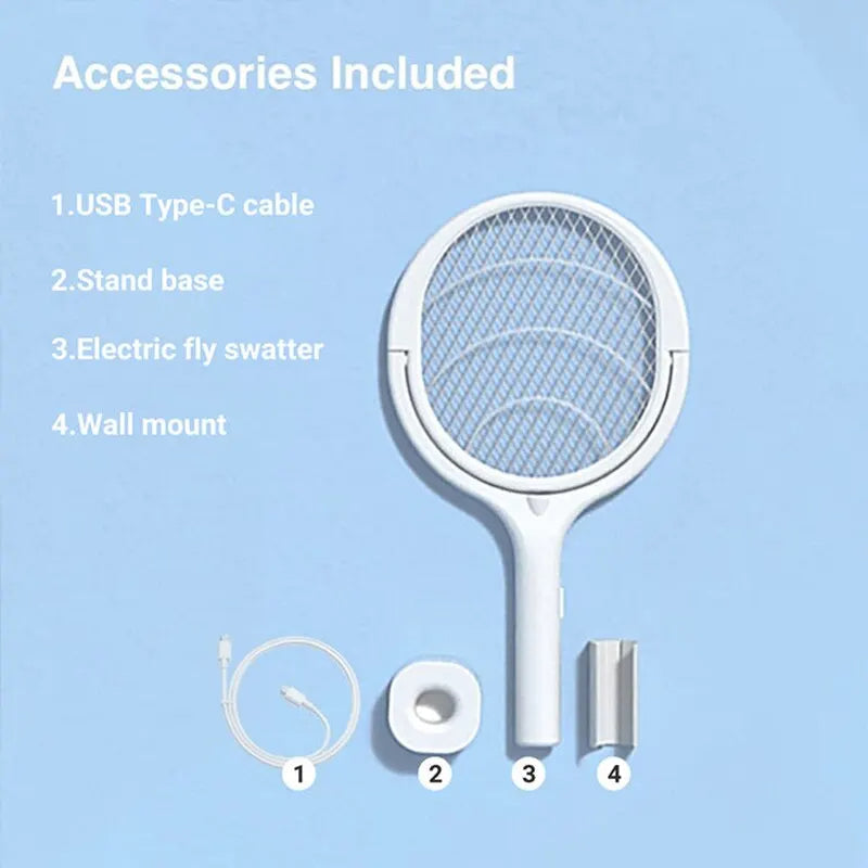 Belro 5-in-1 fast charging bug zapper racket with electric grid, ergonomic handle, and LED indicator for outdoor pest control.