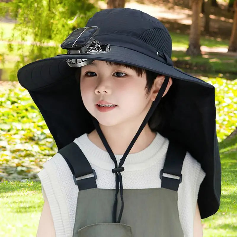 Adjustable Belro Kids Solar Fan Hat with wide brim and built-in solar-powered fan for sun protection and cooling.