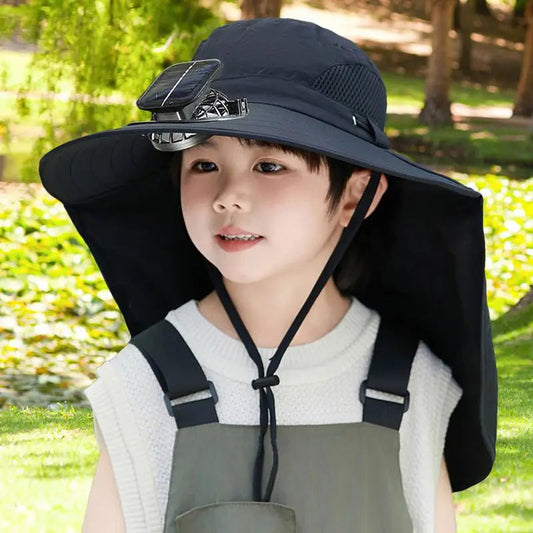 Adjustable Belro Kids Solar Fan Hat with wide brim and built-in solar-powered fan for sun protection and cooling.