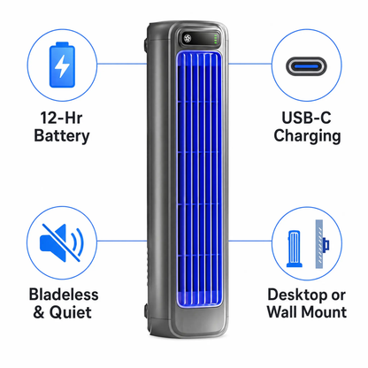 Portable BowLift Rechargeable Air Conditioner with 12-hour battery, compact design, and quiet operation for cool comfort.