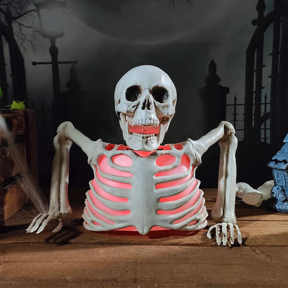 Belro glowing skeleton head Halloween decoration with eerie light, perfect for spooky home and garden Halloween decor.