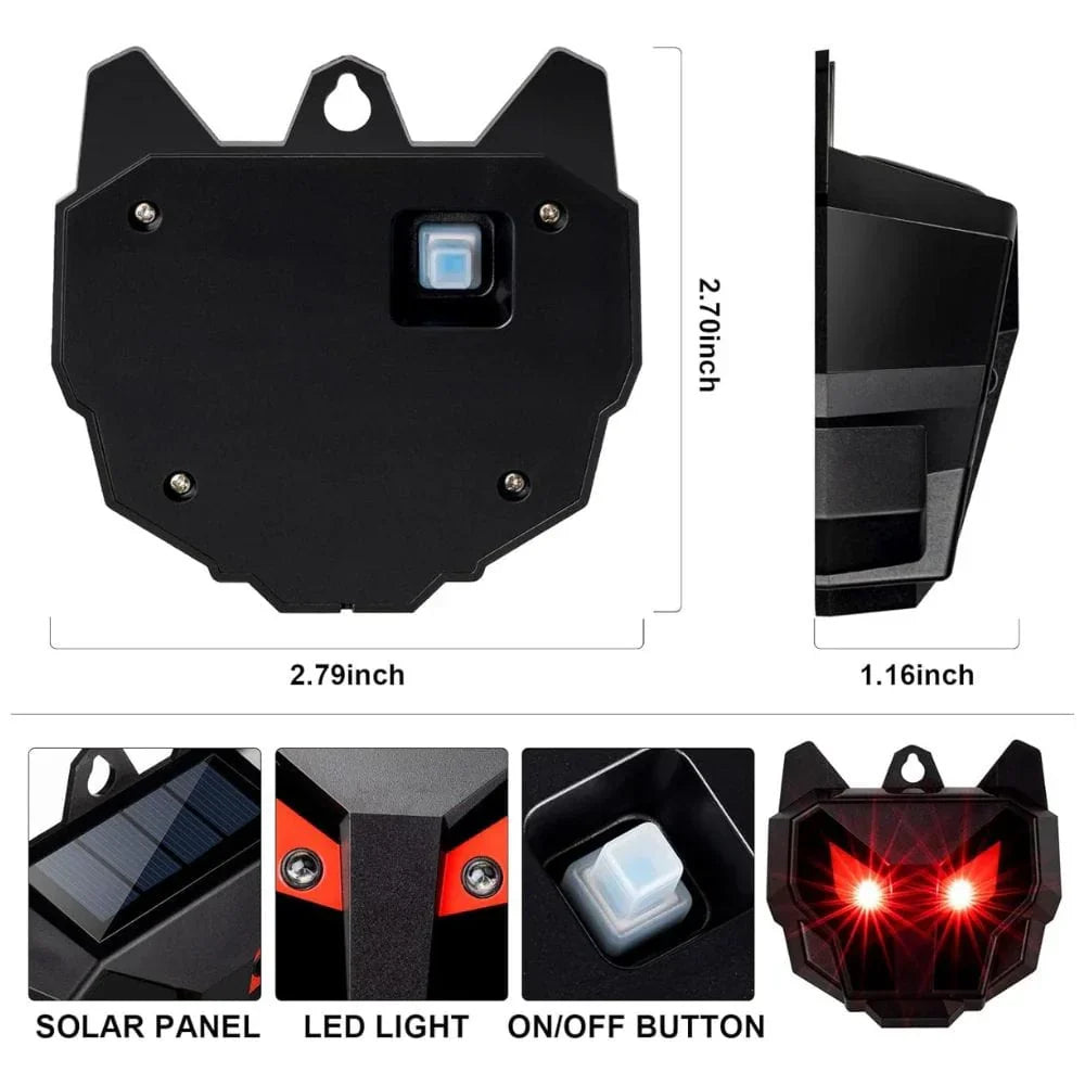Belro solar-powered outdoor nocturnal animal repellers, two devices with solar panels and motion sensors for pest control in garden.