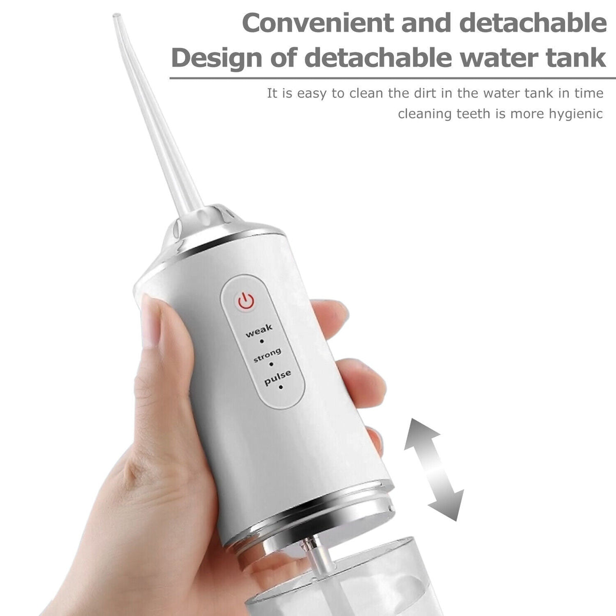 Portable Belro dental water flosser for oral care, showing the compact device with a water reservoir and nozzle attachment.