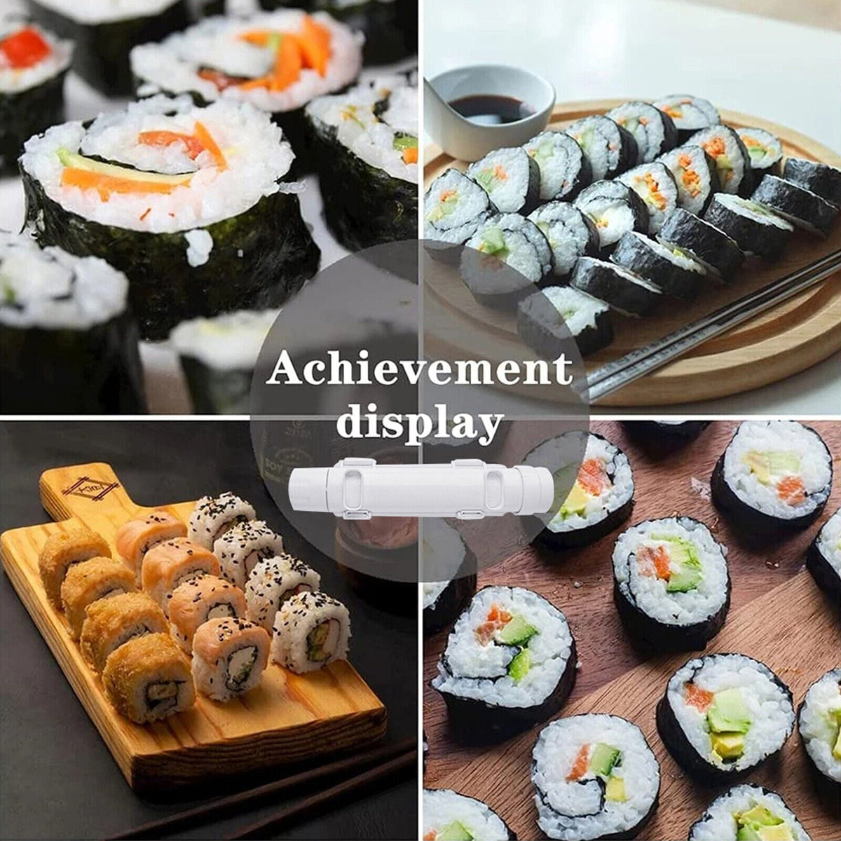 Belro Sushi Bazooka for home sushi making, compact kitchen tool with blue and white plastic parts for easy rice and fish rolling.