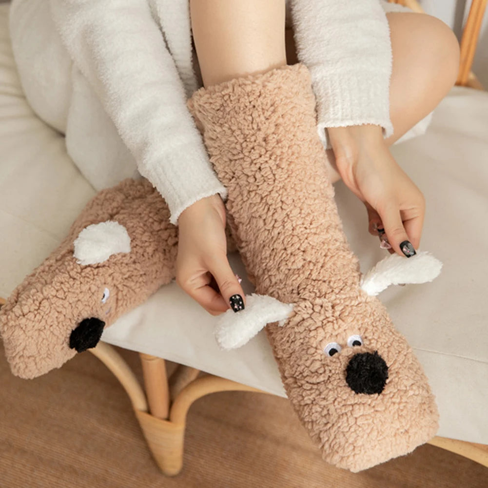 Belro cute dog fuzzy socks winter leg warmers featuring cozy, furry design perfect for cold weather comfort and style.