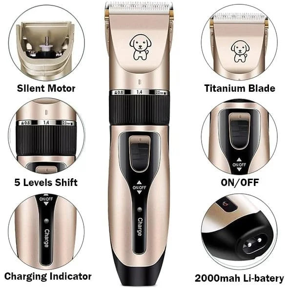 Belro low noise pet grooming clipper with hair accessory, designed for quiet and efficient pet grooming.