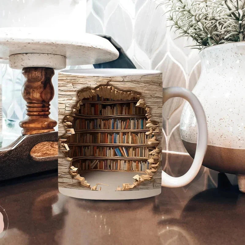 Belro 3D Library Bookshelf mug featuring bookshelf design, perfect for book lovers, ceramic coffee mug for kitchen and dining.