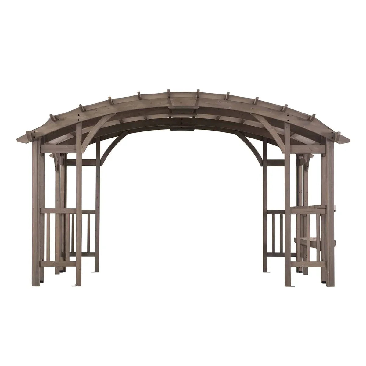 Light grey outdoor cedar wood framed arched pergola by Sunjoy Bellucci, measuring 10x14 ft., ideal for garden or patio shade.